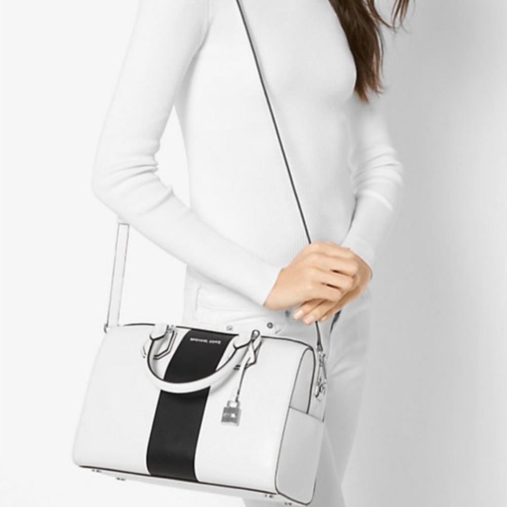 MICHAEL KORS Ivory & Black Center Stripe Mercer Md Duffle Satchel Bag